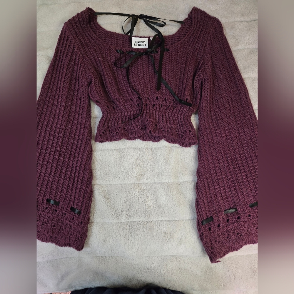 Daisy Street Off-the-Shoulder Knit Sweater - Plum
